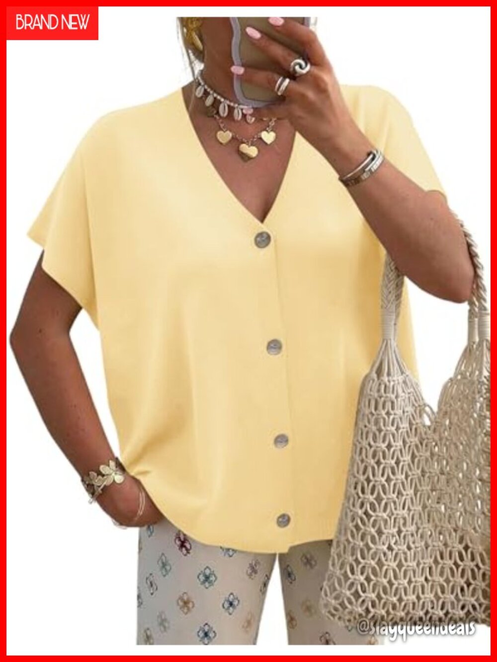 Oversized Cardigan Sweater Short Cap Sleeve V-Neck Button Knit